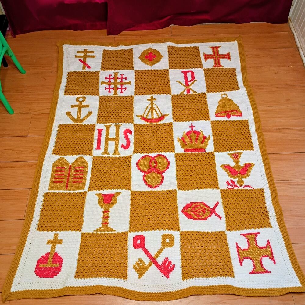 Handmade Crochet Afghan Blanket 64x49 Religious Christian Catholic Gold White